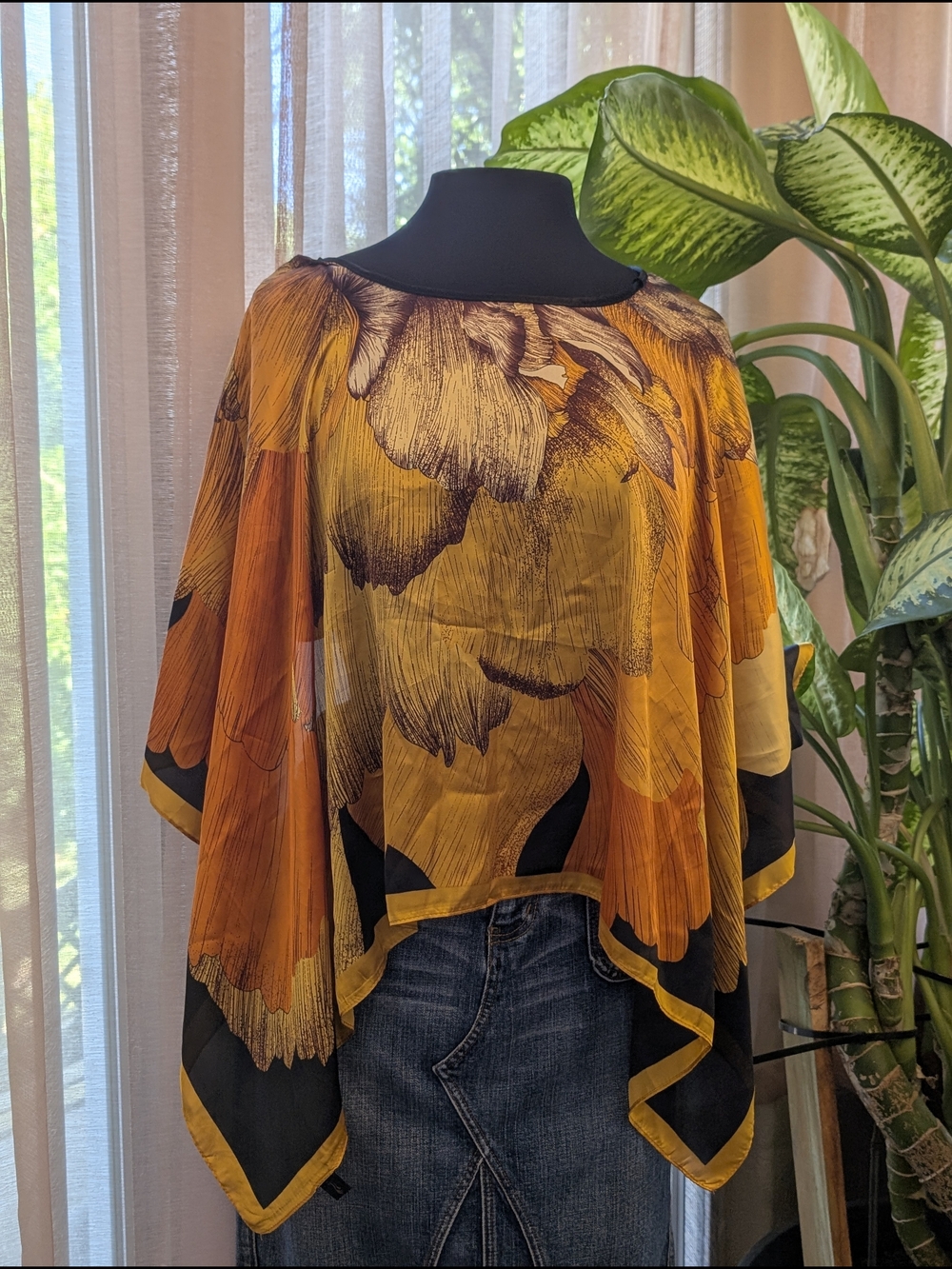 Yellow & Black Floral Lightweight Poncho Top